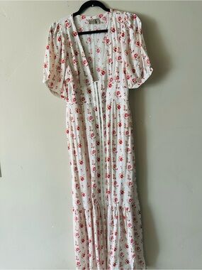 White Floral Tie-Front Midi Dress with Red Rose Print